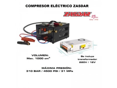 Compresor Electrico ZASDAR 12v/220v para PCP 300 Bar. 1000cc.